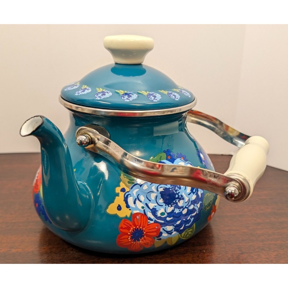 Pioneer Woman 2 QT Dazzling Dahlia Tea Kettle Enamel Steel Teal Floral 3215JOC